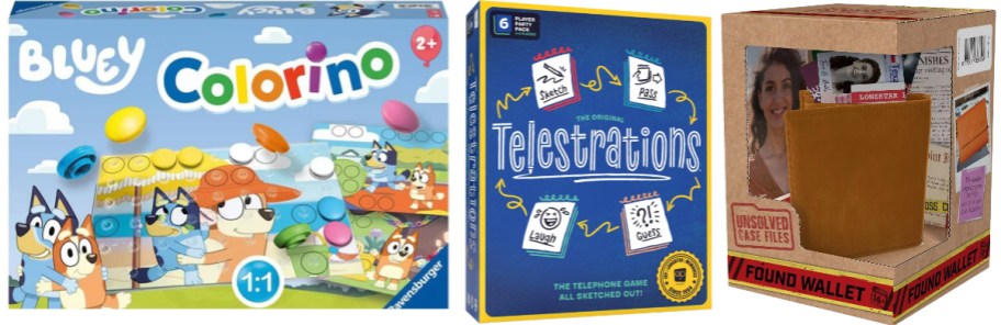 bluey colorino, telestrations and found wallet games