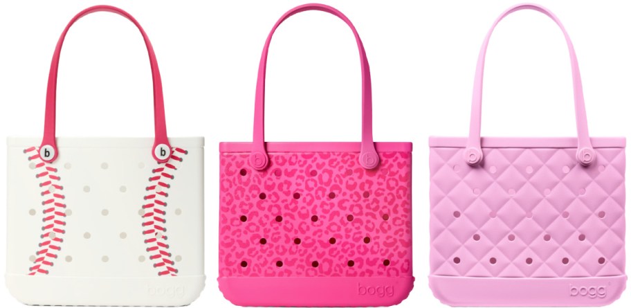 Three colorful tote bags are displayed. From left to right: a white bag with red baseball stitching, a pink bag with leopard print, and a light pink quilted design.