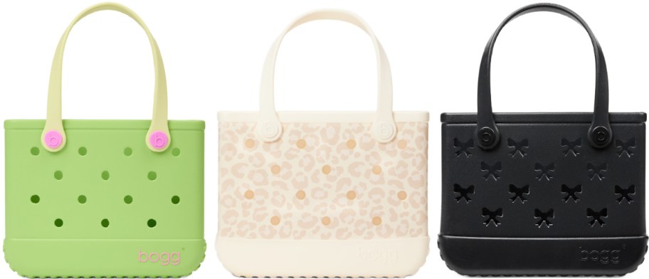 Three handbags are displayed. From left to right: a green bag with round holes, a cream bag with a leopard print, and a black bag with cut-out bow patterns.