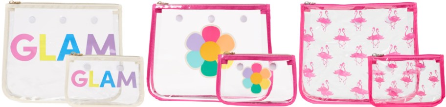 Three pairs of transparent zippered pouches: first with "GLAM" text in pastel colors, second with a colorful flower design, third with pink flamingos.