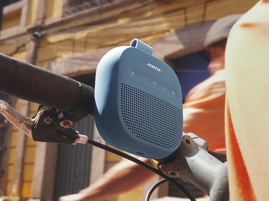 blue speaker on bike