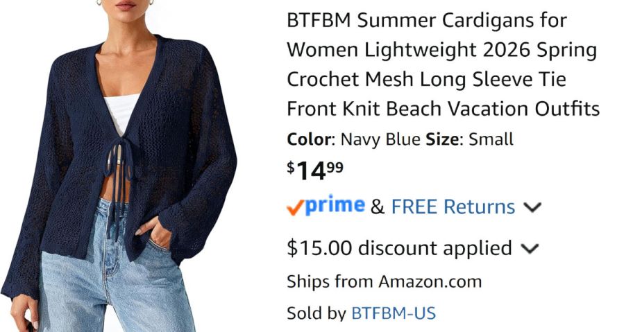 woman wearing blue cardigan sweater next to Amazon pricing information