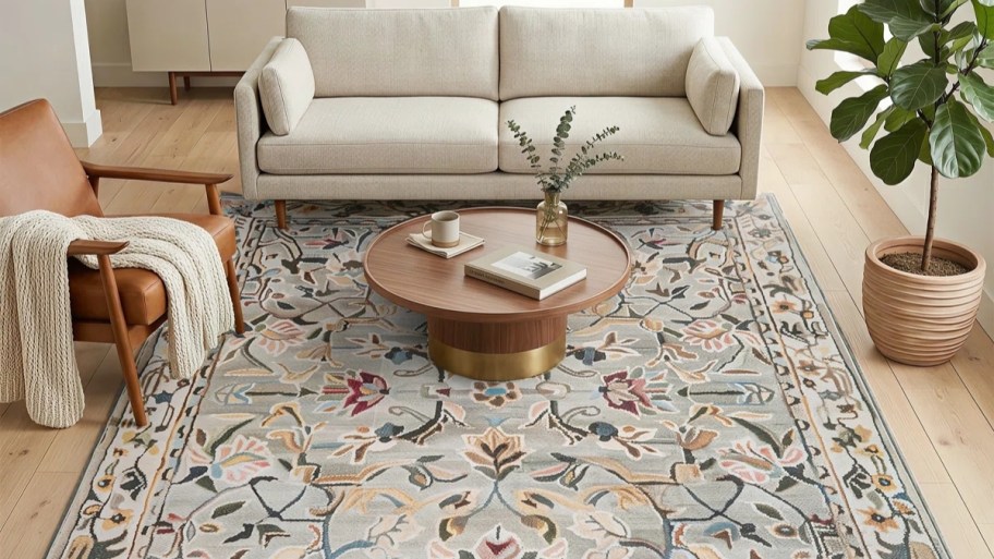 a floral farm house rug with a sectional sofa