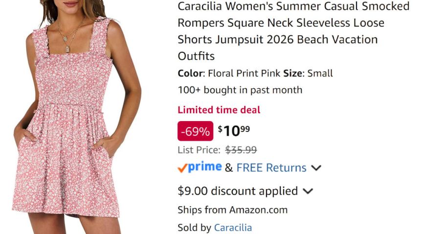 woman wearing floral romper next to Amazon pricing information