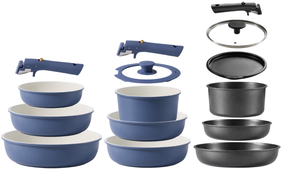 3 stackable cookware sets with detachable handles. Includes blue ceramic pots, lids, and black pans.