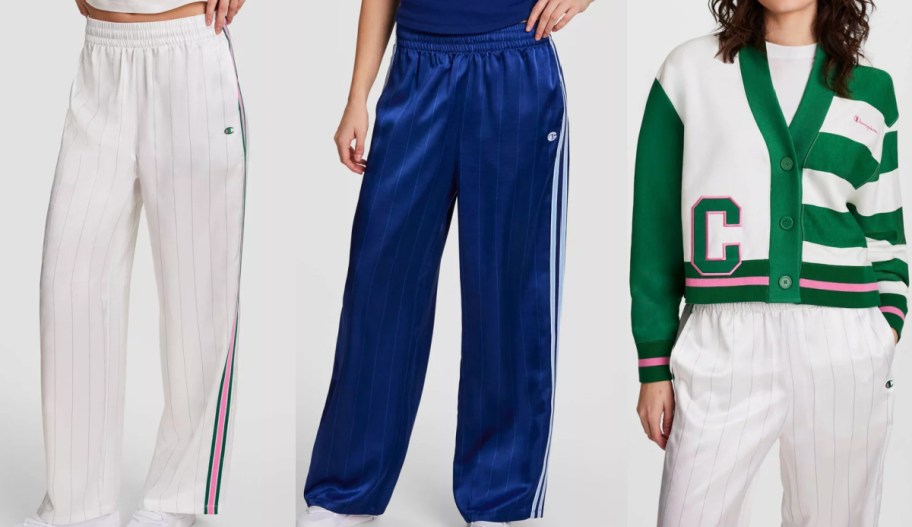 Three Champion clothing items displayed side by side, featuring white pinstriped track pants with green and pink side stripes on the left, blue pinstriped track pants with light blue side stripes in the middle, and a green-and-white color-blocked cardigan with a pink-trimmed "C" patch paired with white pinstriped track pants on the right.