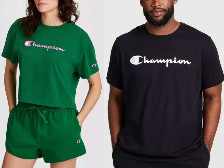 Two Champion athletic outfits worn by models, featuring a green t-shirt with a pink logo and matching green shorts on the left, and a black t-shirt with a white Champion logo on the right.