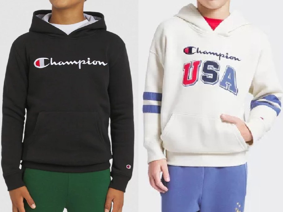 Two Champion hoodies worn by models, featuring a black hoodie with the classic Champion script logo paired with green pants on the left, and a white hoodie with "Champion USA" lettering and sleeve stripes paired with blue pants on the right.