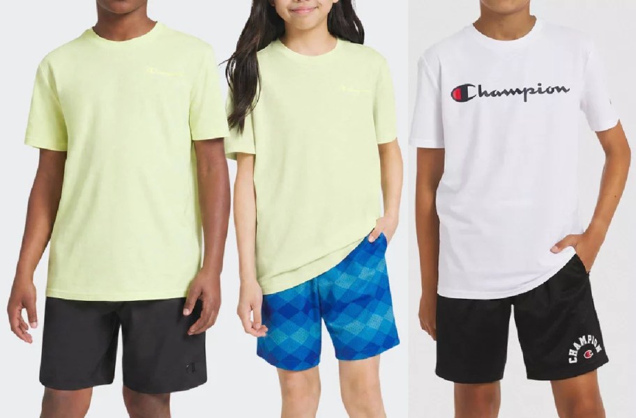 Three kids' Champion athletic outfits displayed side by side, featuring a light yellow t-shirt and black shorts on the left, a light yellow t-shirt paired with blue patterned shorts in the middle, and a white t-shirt with the classic Champion script logo paired with black shorts on the right.