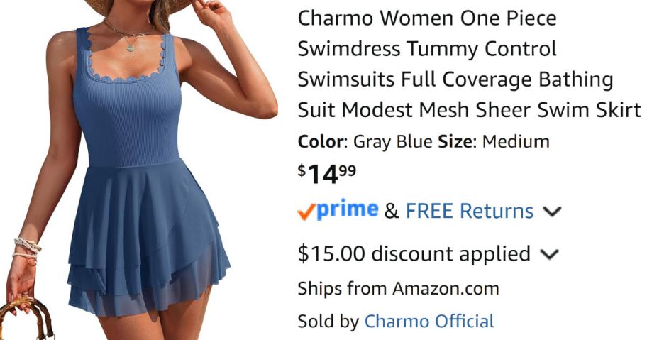 woman wearing blue swim dress next to Amazon pricing information