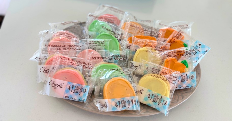 individually wrapped Cheryl's Cookies on a platter