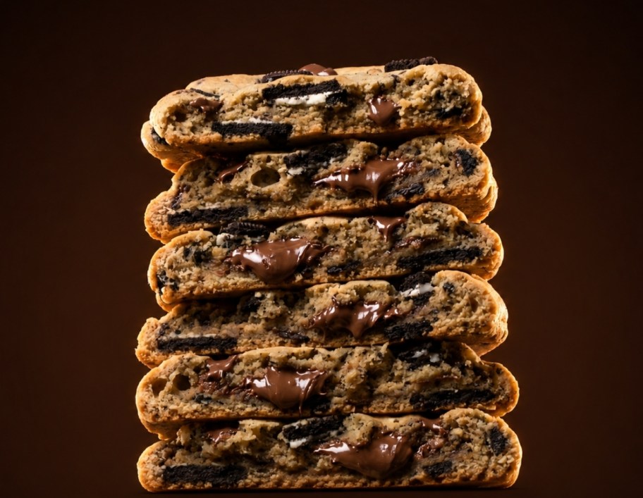 a crosswise stack of coffee chunk cookies