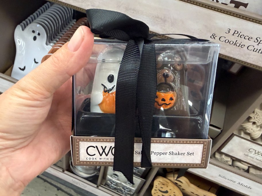 hand holding ghost and dog halloween salt and pepper shaker set 