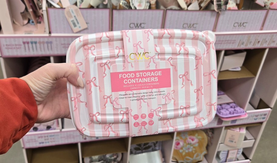 hand holding pink bow food container set