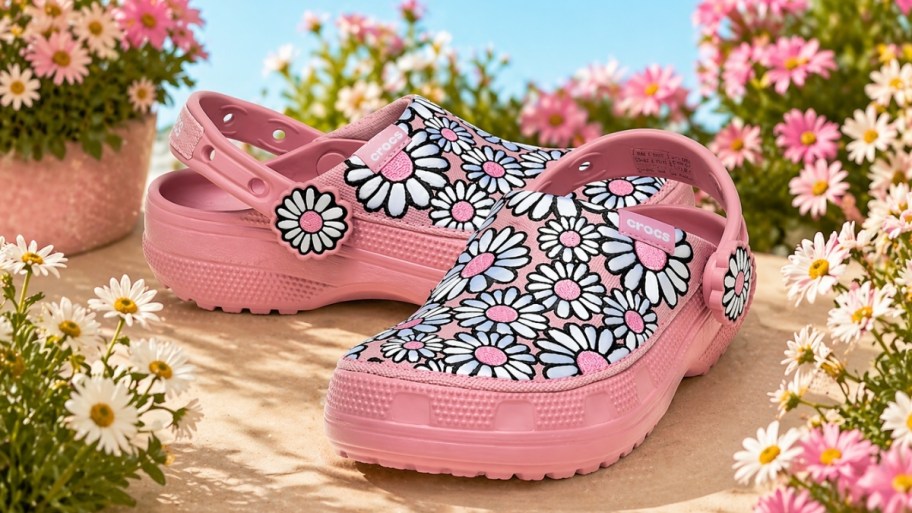 a pair of pink daisy themed crocs clogs
