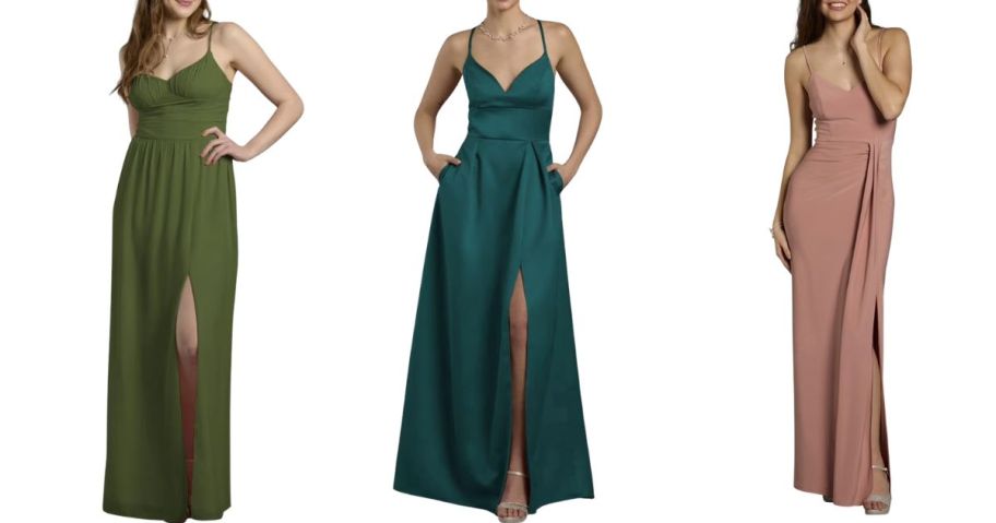 three women wearing davids bridal bridesmaid dresses