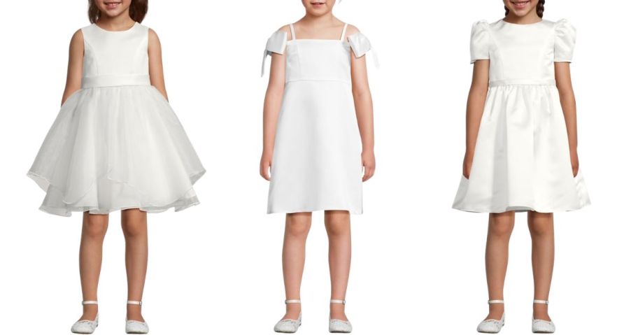 three girls wearing davids bridal flower girl dresses