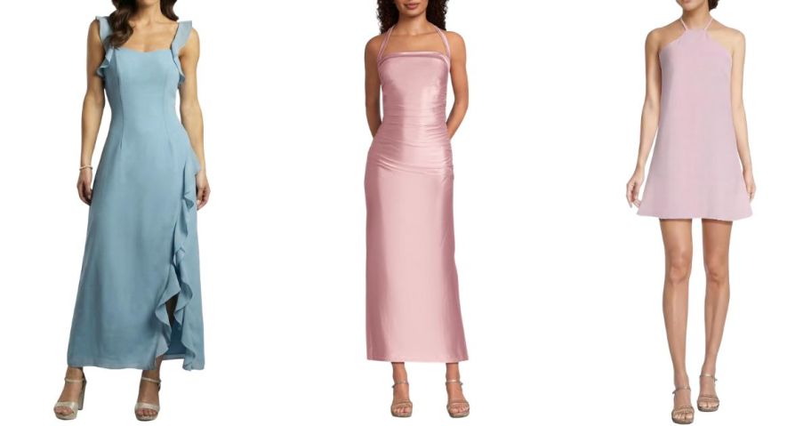 three girls wearing davids bridal prom dresses