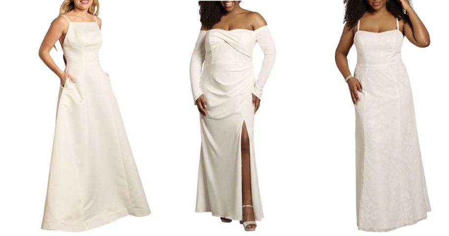 three women wearing davids bridal wedding dresses