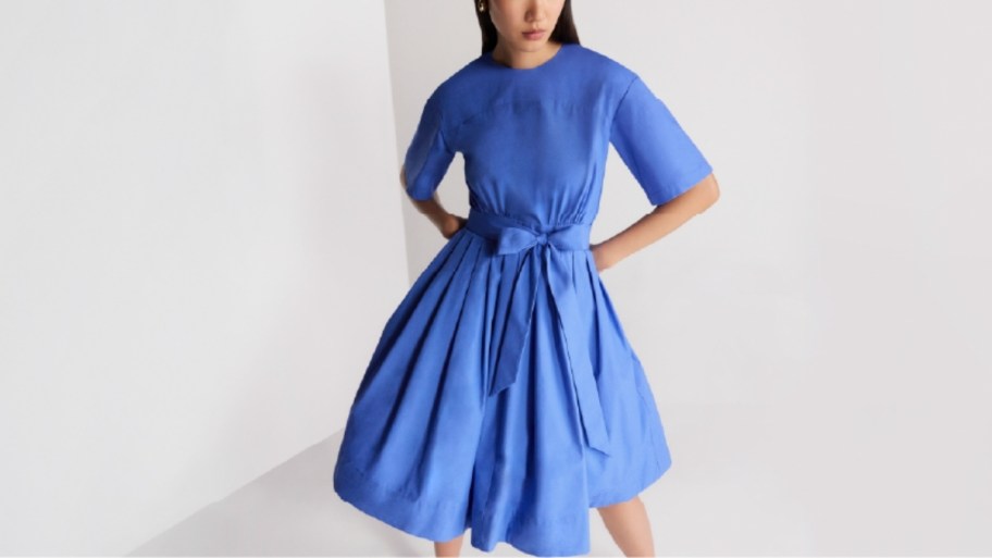 woman in. blue shirt dress