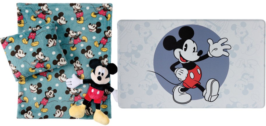 blue mickey mouse blanket, pillow, and kitchen mat 
