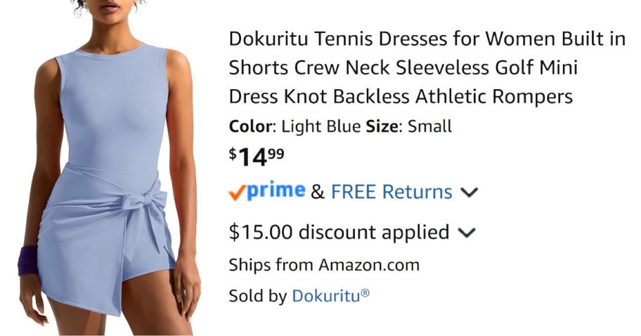 woman wearing blue tennis dress next to Amazon pricing information