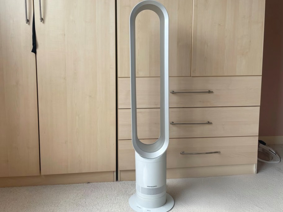 white dyson fan in room