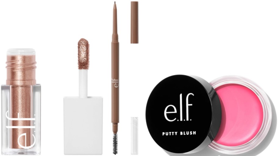 An open tube of e.l.f. liquid eyeshadow, a brown dual-ended eyebrow pencil, and an open jar of pink e.l.f. Putty Blush displayed against a white background.