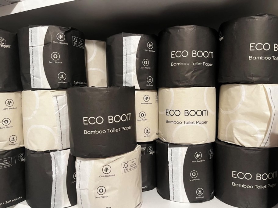 Rolls of Eco boom bamboo toilet paper in box 