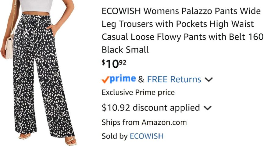 woman wearing black and white pants next to Amazon pricing information