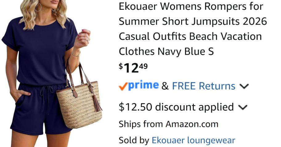 woman wearing navy romper next to Amazon pricing information