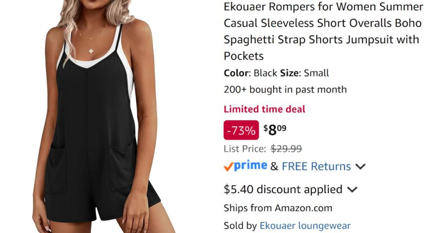 woman wearing black romper next to Amazon pricing information