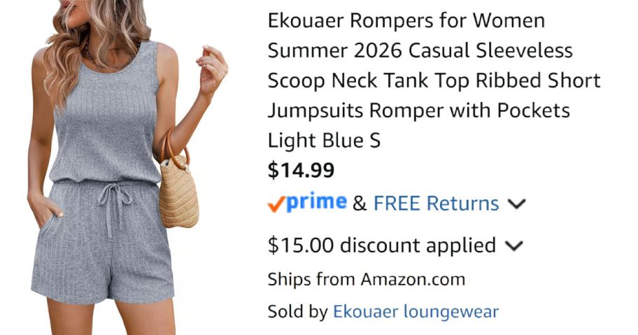 woman wearing blue romper next to Amazon pricing information