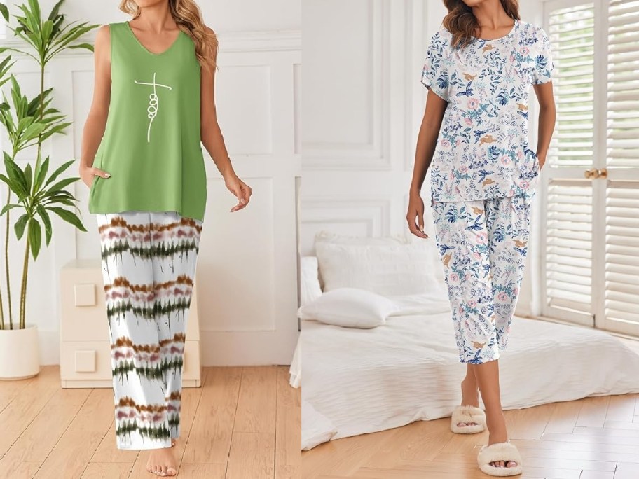 Two women in cozy loungewear. Left: Green tank top, tie-dye pants; Right: Floral pajama set.