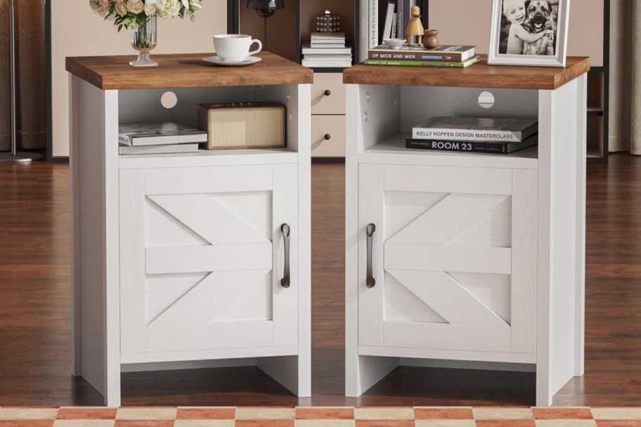two farmhouse style night stands