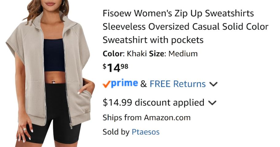 woman wearing short sleeve tan sweatshirt over black outfit next to Amazon pricing information