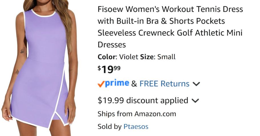 woman wearing purple dress next to Amazon pricing information