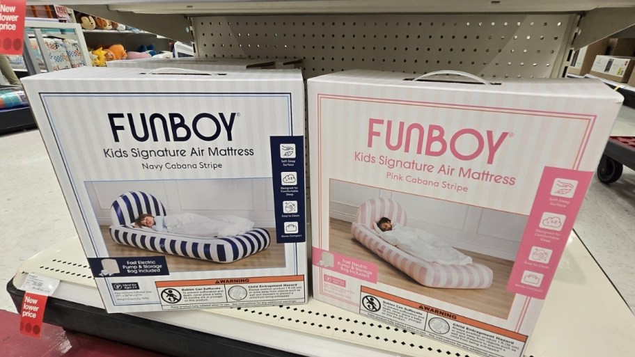 two funboy mattress boxes on a store shelf