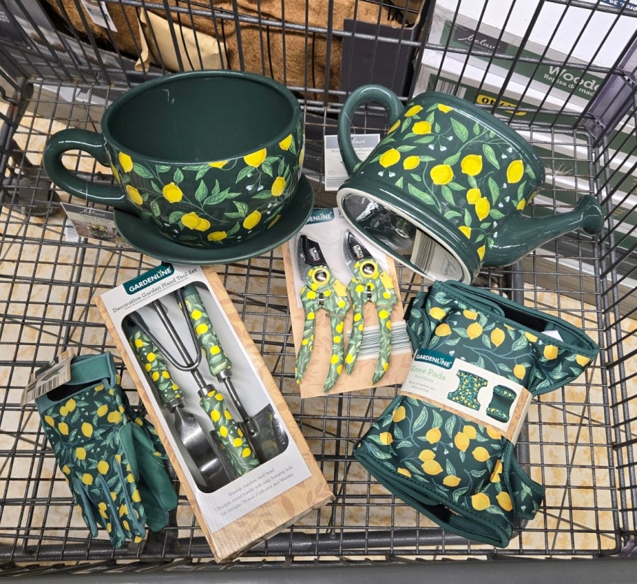 matching gardening tools, gloves, knee pads, and watering can in a shopping cart