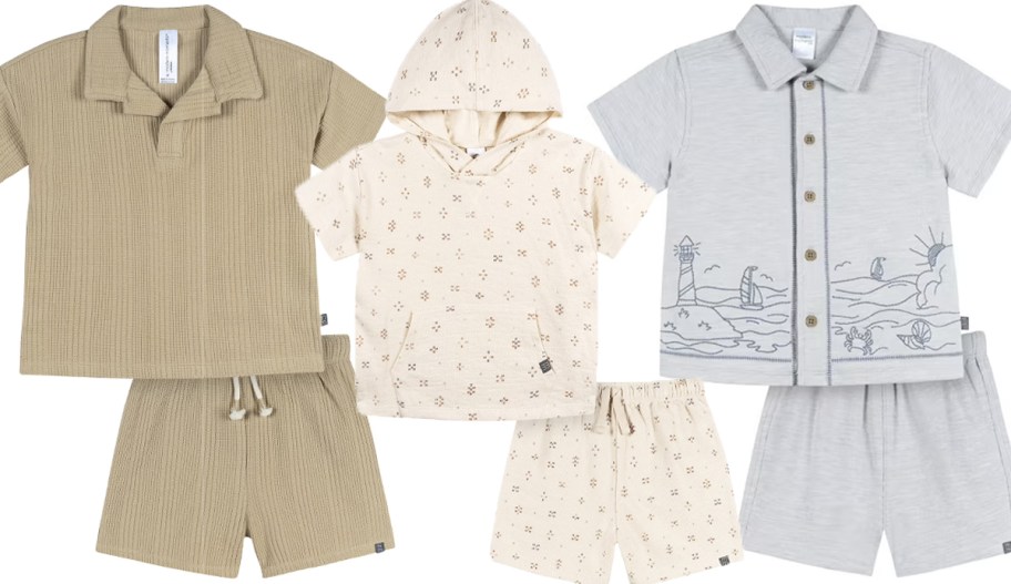 brown, beige, and blue boys outfits