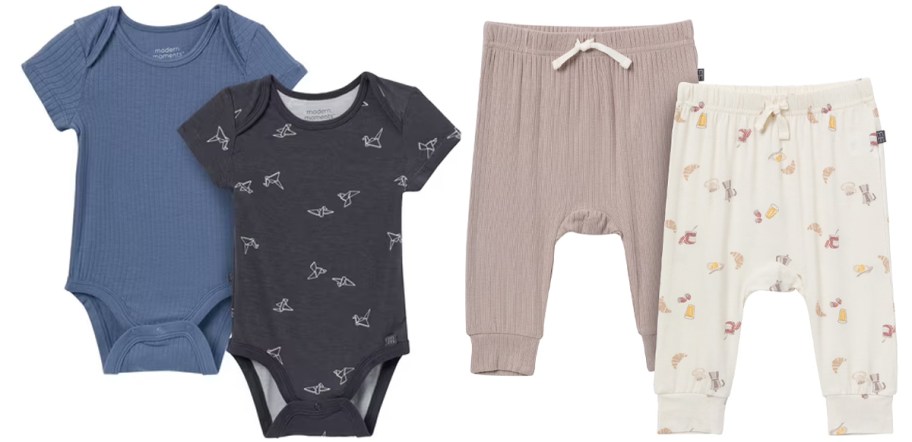 blue onesies and brown baby pants