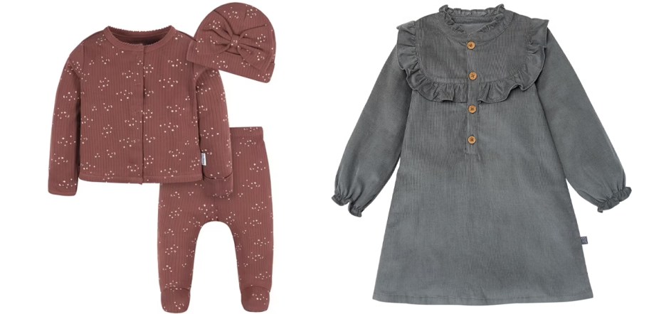 brown 3 piece baby outfit and gray dress