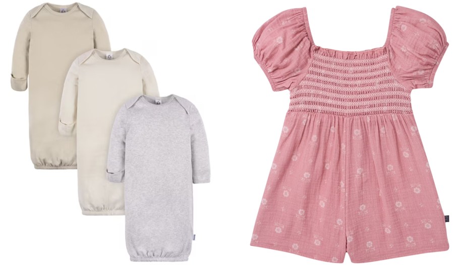 gray, and tan onesies and pink dress
