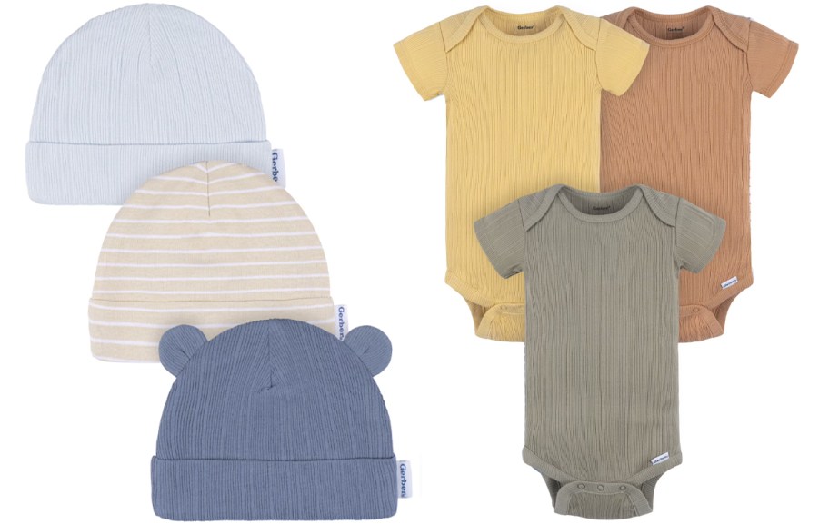 blue baby hats and yellow, brown and green onesies