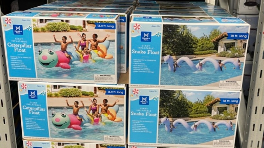 two different giant animal pool floats on display in a store