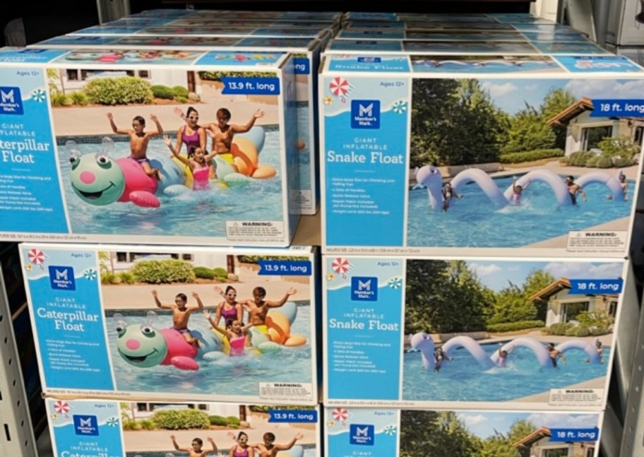 two different giant animal pool floats on display in a store