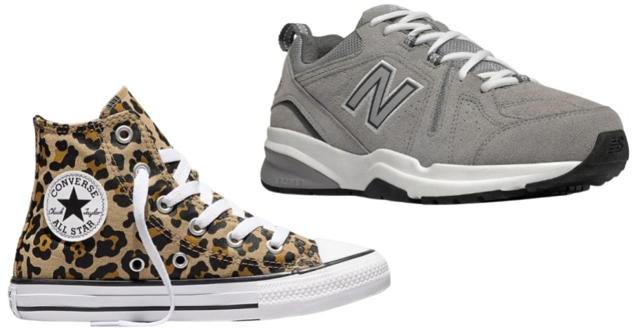 a girls leopard print high top and a mens white sneaker