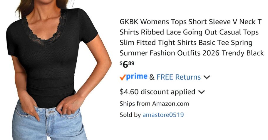 woman wearing black shirt next to Amazon pricing information