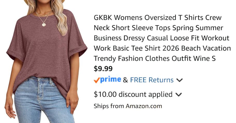 woman wearing tan shirt next to Amazon pricing information