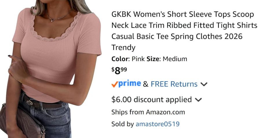 woman wearing pink shirt next to Amazon pricing information